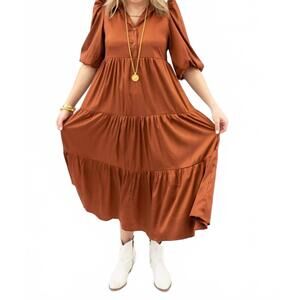 NEW PRETTY FOLLIES tiered midi dress in bronze